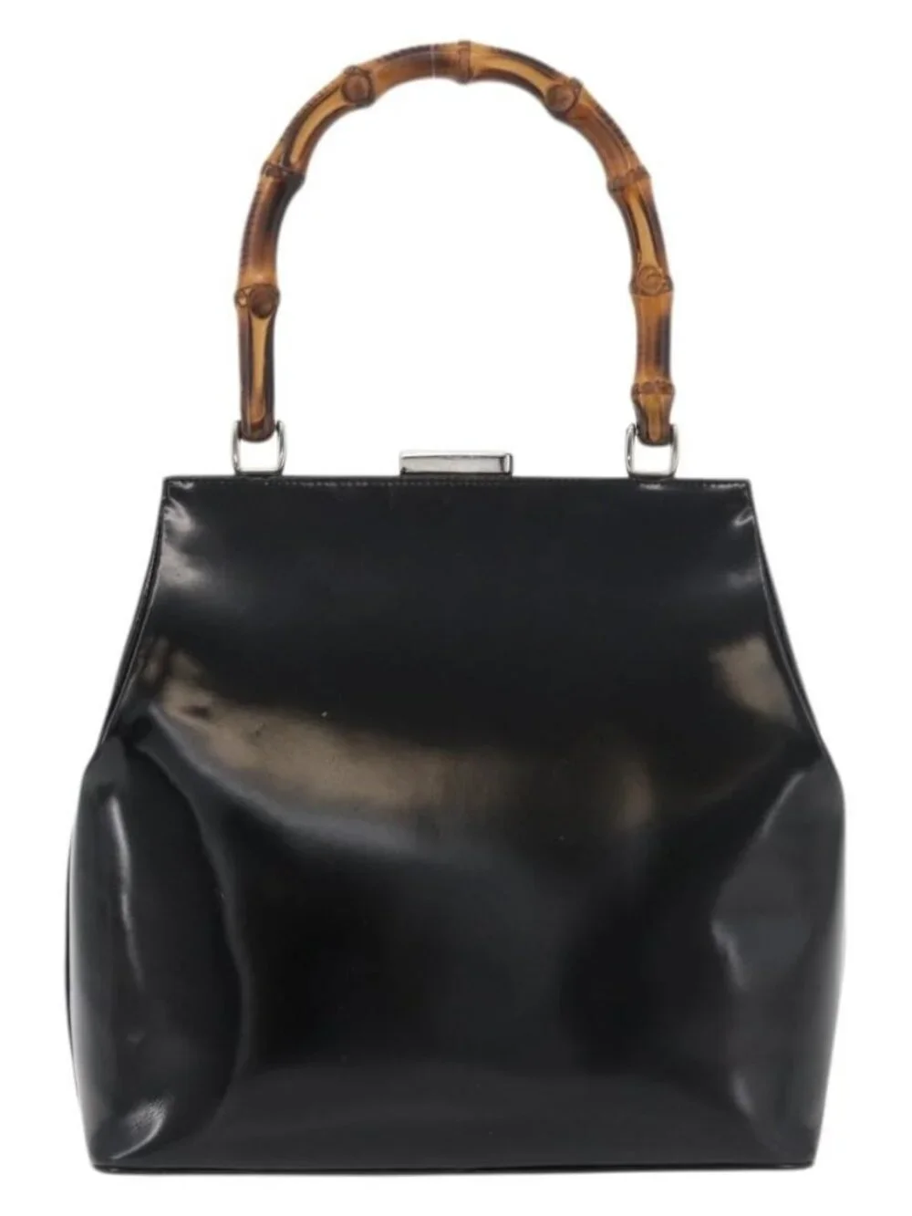 GUCCI Bamboo Hand Bag Enamel Black Silver 000 781 0295 Auth 176588